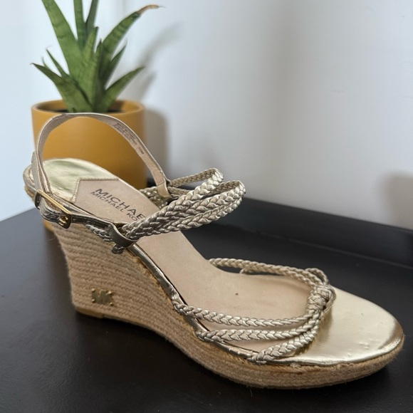 Michael Kors gold Palm Beach strappy espadrilles wedge sandals - size 10 NWT - Picture 3 of 5